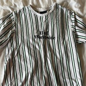 green black and white striped shirt